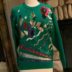 Western Collection Ramie & Cotton Sequined Crew Neck Sweater Medium